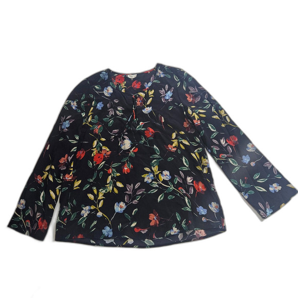 ecru Silk Floral Shell Work Top Floral Small Bell Sleeve Size S Boho 3/4 Sleeve - Picture 1 of 9